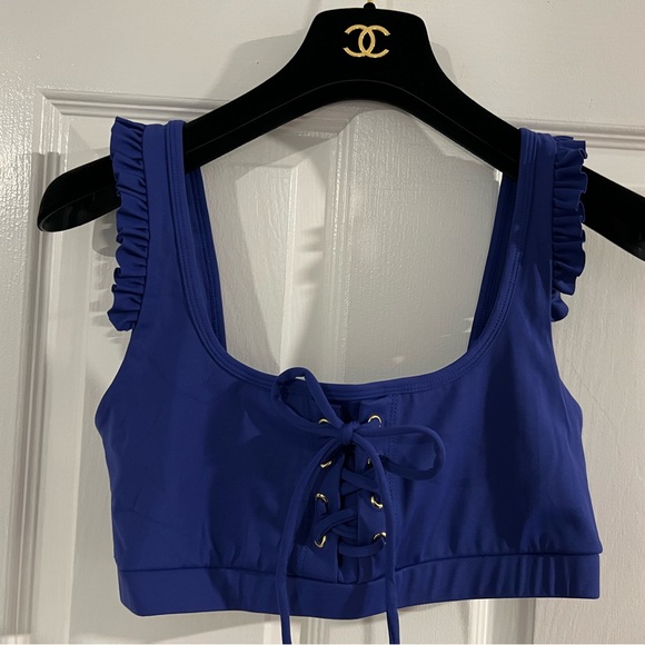 Gorgeous Blue CELESTINE Lace-Up Ruffle Sports Bra Size M crop lace up EUC - Picture 7 of 7